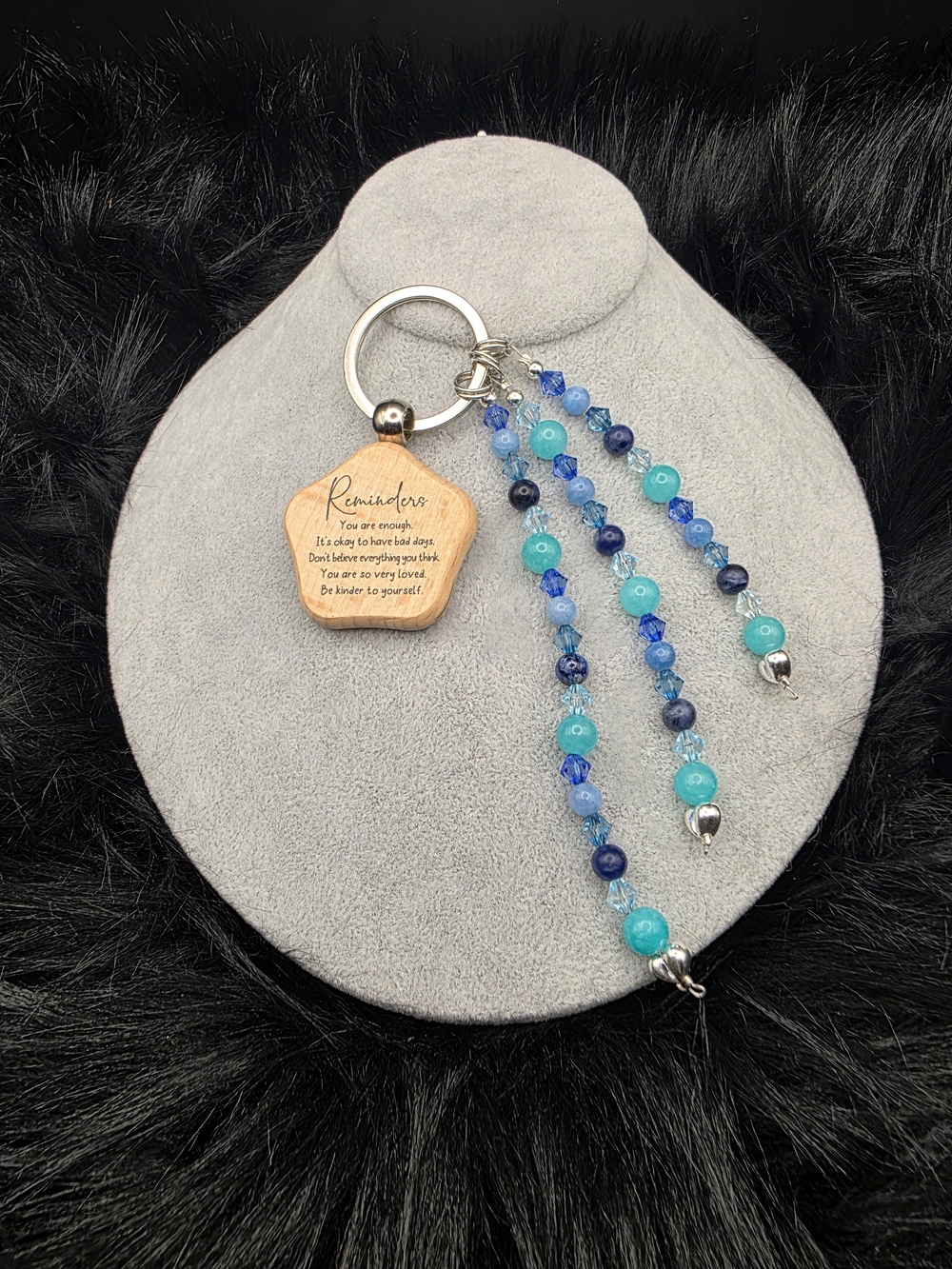 Wooden Reminder Keychain with Blue & Teal Beaded Tassels
